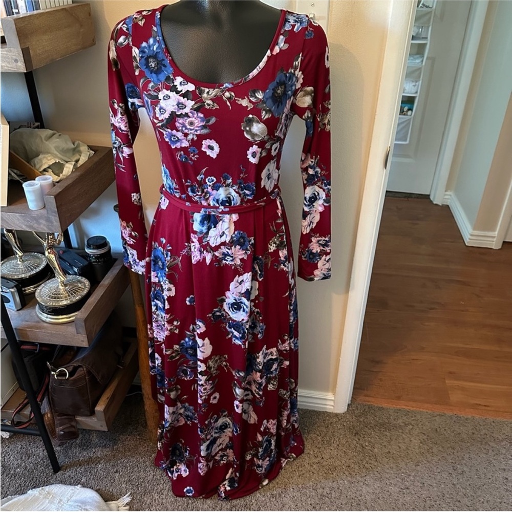 Pinkblush Maternity Blue Floral Sash Tie Burgundy Red Maxi Dress